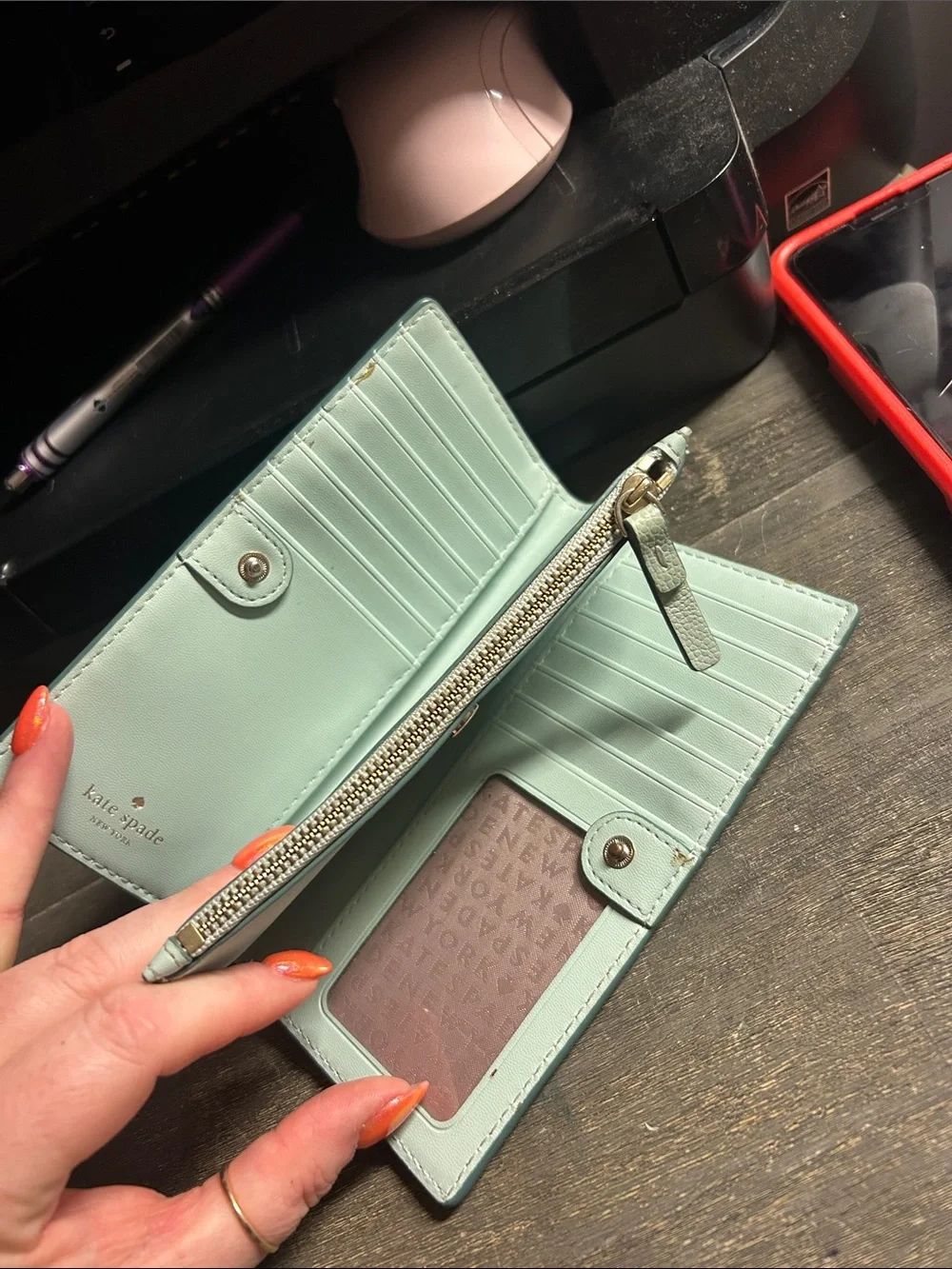 kate spade Mint Green Pebbled Leather Zip Wallet with Gold Logo